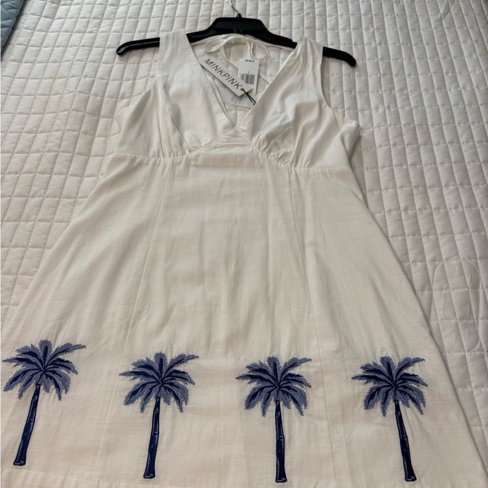 Mink Pink White Backless Dress with Blue Palm Tree Design. New with tags. - Picture 9 of 9